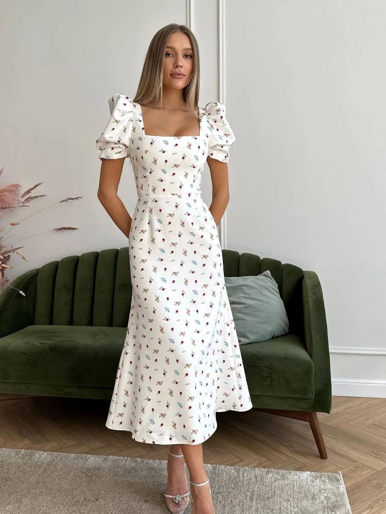 

Женское платье с цветочным принтом, квадратным вырезом и рукавами-буфами, летнее повседневное платье с цветами S