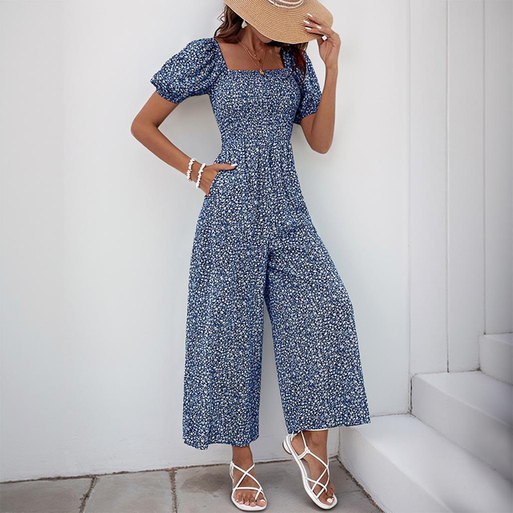 Women's Square Neck Puff Sleeve Wide Leg Printed Jumpsuit