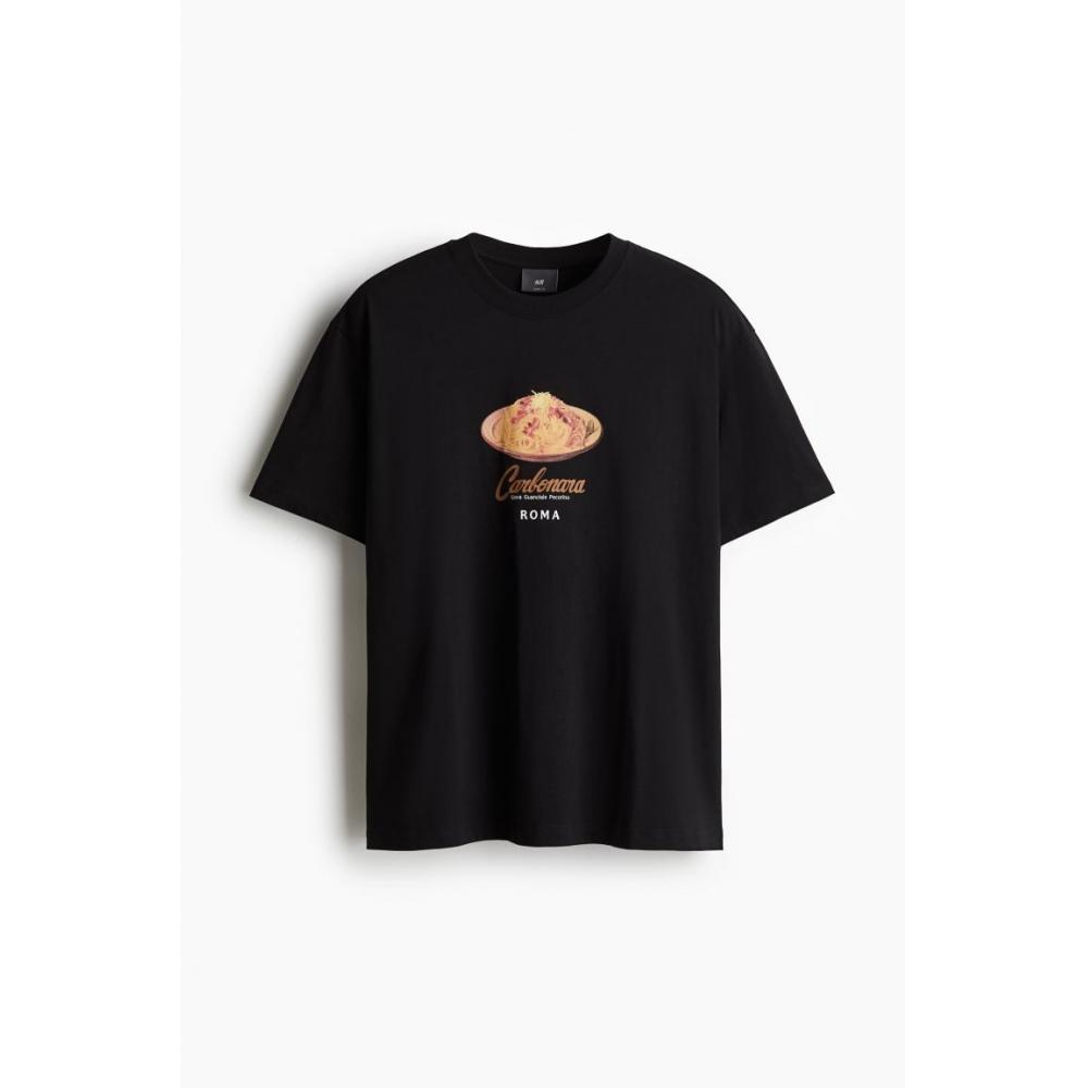 H M Loose FiT PrinTed T sHirT Black Carbonara