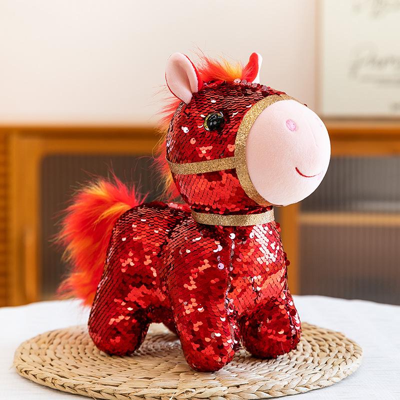 Cartoon Simulation Sequin Pony Plush Toy Zodiac Horse Doll Activity Sprinkler Ring Ornament