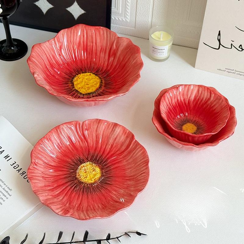 Flower Porcelain Plate Red Flowers Tableware Dining Plate Ceramic Bowl Coffee Cup Mug Household Tableware Set Table Kitchen Tool