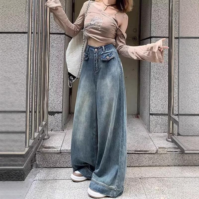 Women's High Waist Wide Leg Jeans - Retro Loose Fit, Plus Size, Floor Length, Fake Pockets