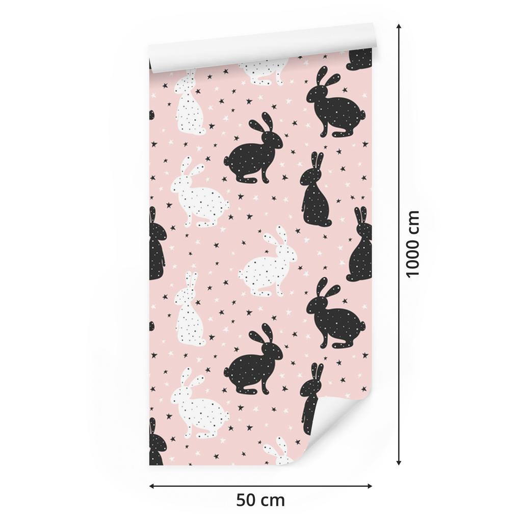 Wallpaper Black and White Bunnies Among Stars for Living Room and Bedroom 50x1000