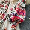 Spring Women Vintage Print Single Breasted Long Maxi Holiday Beach Dresses with Belt