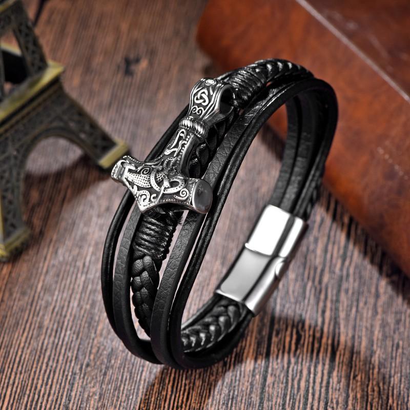 Stainless Steel Leather Woven Bracelet Men Nordic Viking Style Geometric Design Polished Finish