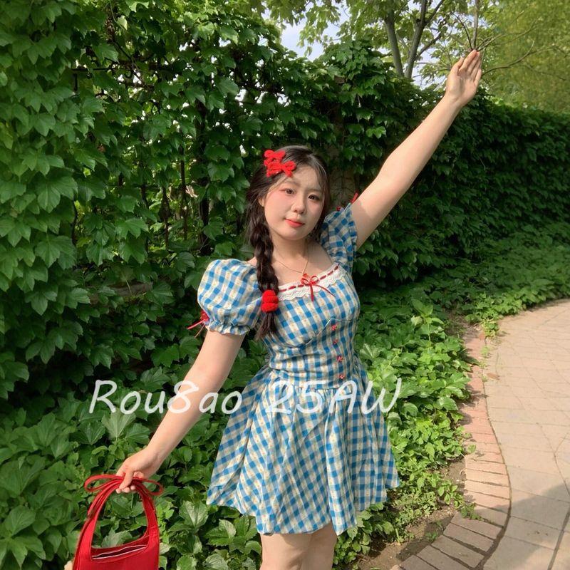 

Rou8Ao Plus-Size Women s Korean-Style Square-Neck Puff-Sleeve Blue Plaid Dress for Women 2026 Summer A-Line Short Dress Blue Short Style 3XL