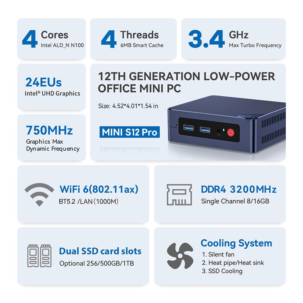 Beelink Min S12 Pro N100 Mini PC Win11 Pro Support 4K Wifi6 1000M LAN Desktop Mini Computer