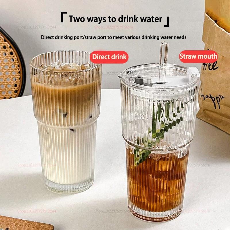 Große Kapazität Kaltgetränkebecher mit Deckel und Strohhalm vertikal gestreiftes Glas Wasserbecher Kaffeetasse stilvoller Trinkbecher