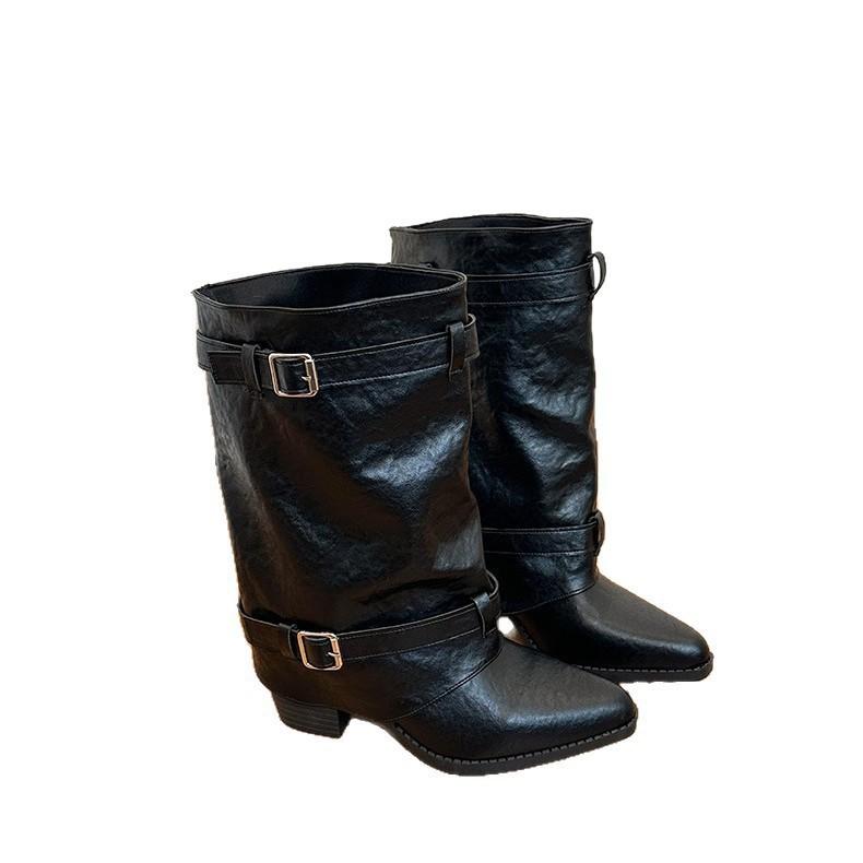 Large tube circumference locomotive women's trousers new versatile pointed boots retro belt leather boots thick heel buckle fashion no