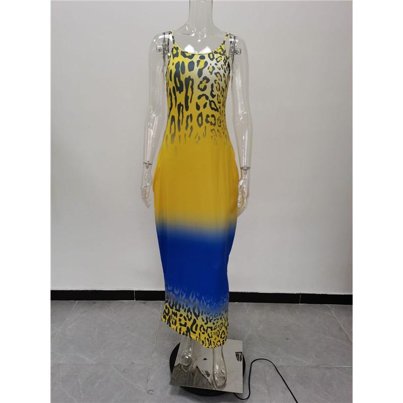 Women's Leopard Print Gradient Maxi Dress Sleeveless V Neck Casual Long Dress With Pockets