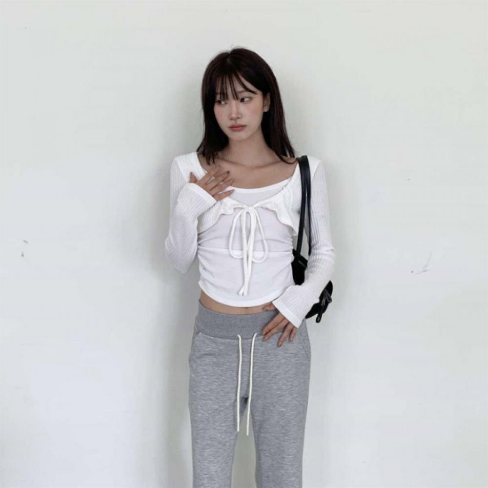 New Arrivals Open Run Women Layered Shirring Strap Ribbed Crop Knit