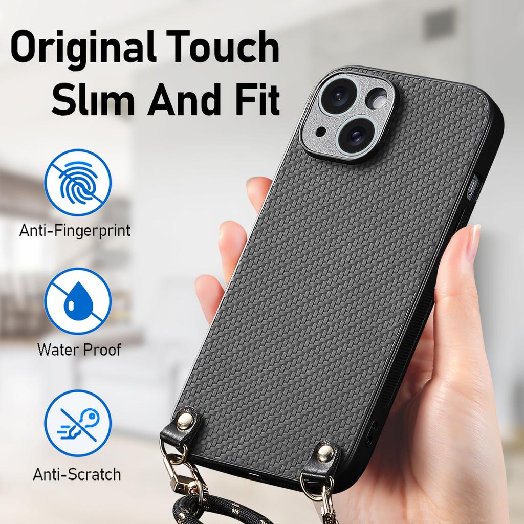 Aramid Fiber Pattern Leather Phone Case for iPhone 17 Air 16 15 Pro Max 16e 14 Plus 11 12 13 Chain Crossbody Lanyard Cover XL012