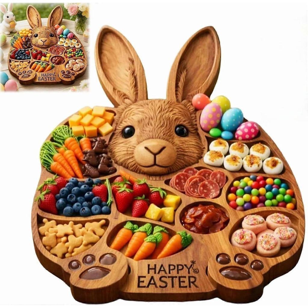 2026 Easter Bunny Wooden Charcuterie Board, Rabbit Wooden Deli Board, Cute Rabbit-Shaped Serving Tray with Compartments, Easter Party Holiday Snacks &