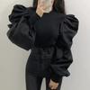 Round Neck Threaded Splicing Design with A Sense of Closure, Bubble Sleeves, Slim Fit Shirt Top for Women