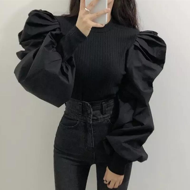Round Neck Threaded Splicing Design with A Sense of Closure, Bubble Sleeves, Slim Fit Shirt Top for Women