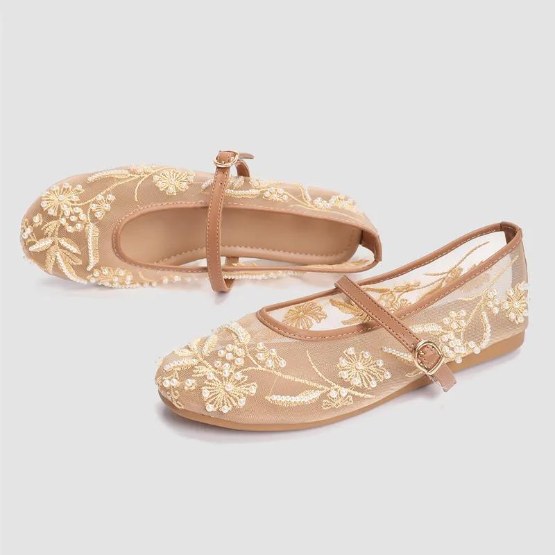 Fashion White Pearl Mesh Embroidery Ballet Flats Women Elegant String Bead Flat Sandals Light Summer Mary Jane Shoes Zapatos De Mujer