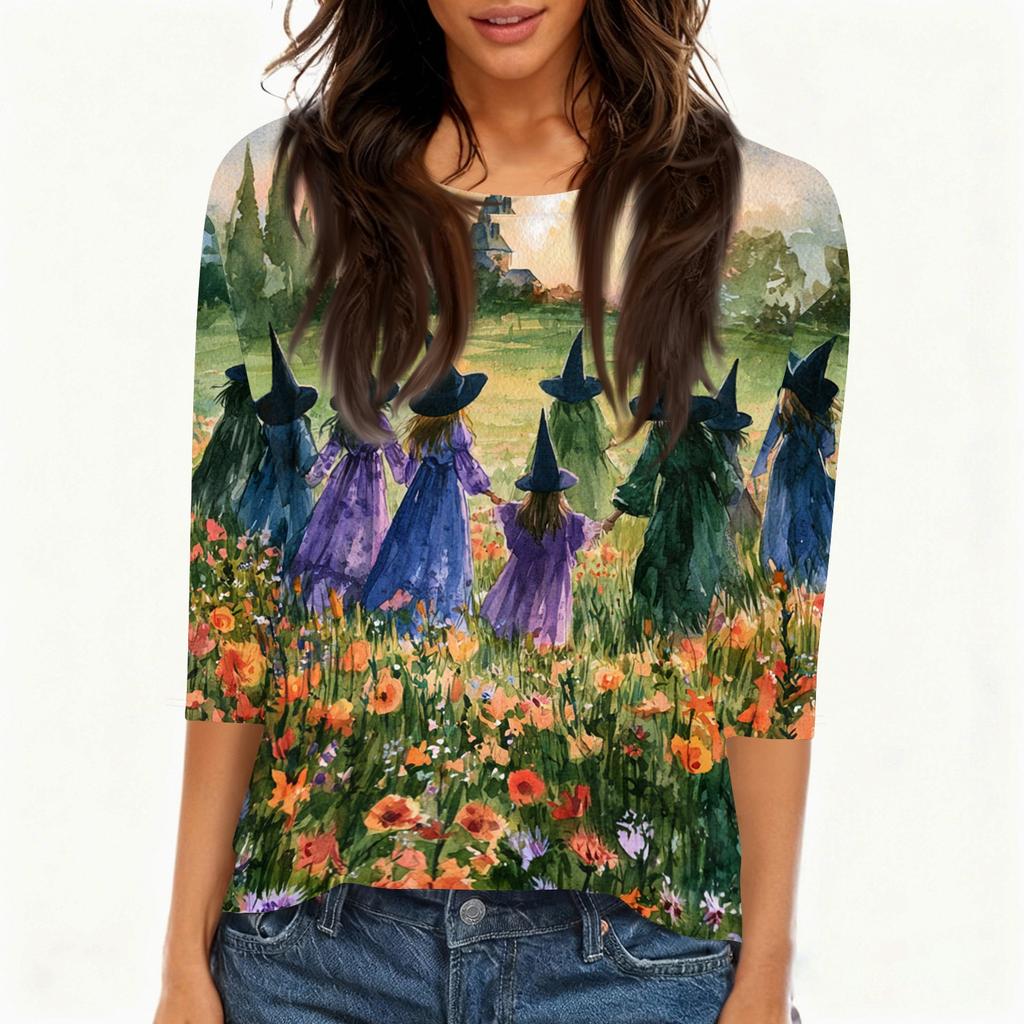 Women's Casual Halloween Print Neck 3/4 Sleeve T-Shirt Top