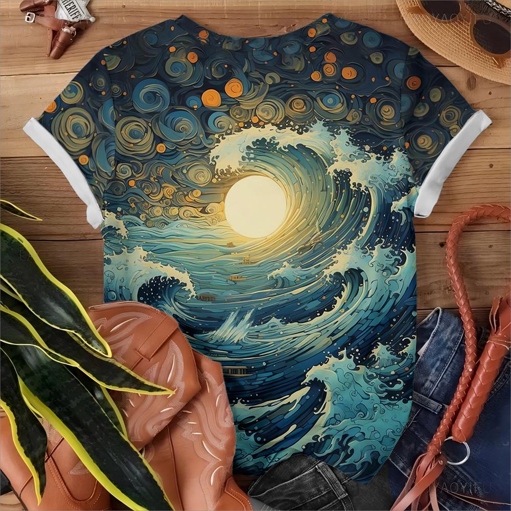 Fashionable Ocean Style Wave Moon Printed Daily Casual Women's Summer Versatile Short Sleeved T-shirt Pullover Y2K Streetwear