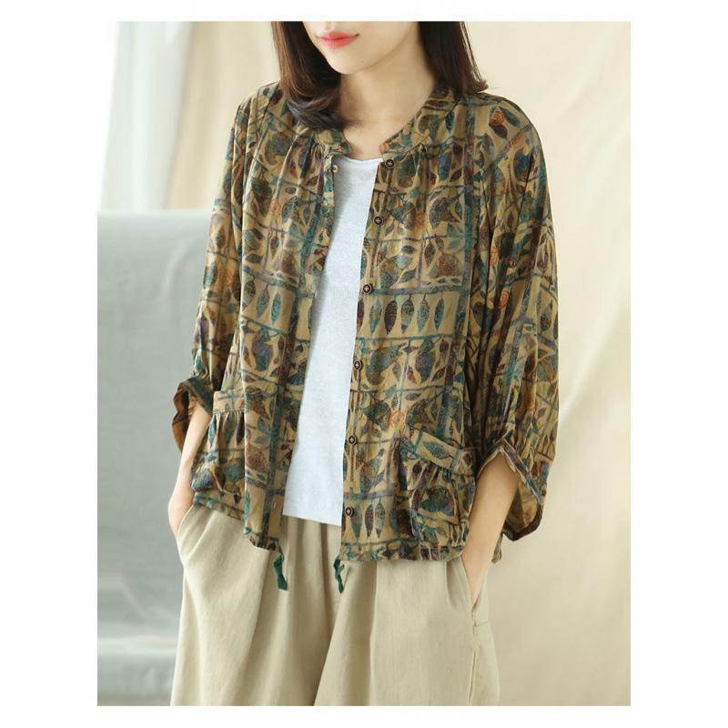 Women Cotton Linen Shirt Vintage Oversized Floral Print Blouses Harajuku Raglan Sleeve Loose Ladies Casual Button Up Shirts Tops