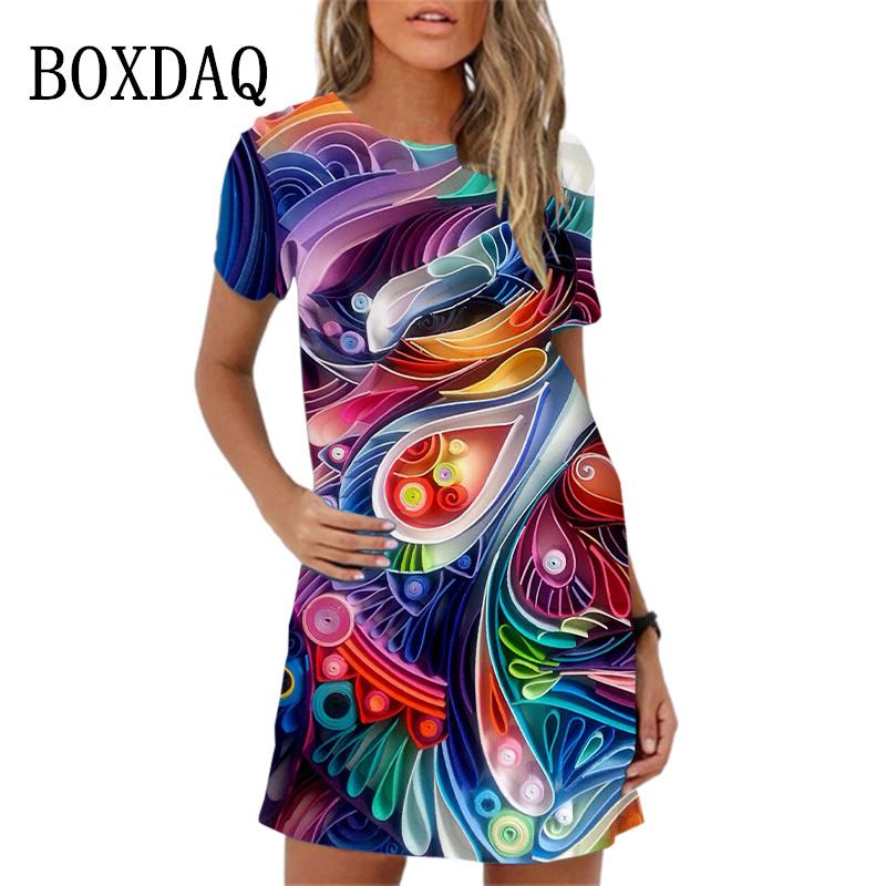 Vintage Abstract Landscape Fish Pattern Print Dress For Women Short Sleeve Clothing New 2024 Summer Dress Casual Mini Dress