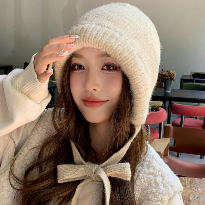 Face Small Lace-up Wool Pullover Hat Outdoor Wind and Snow Protection Ear Protection Knitted Hat Velvet Northeast Cold Protection Hat