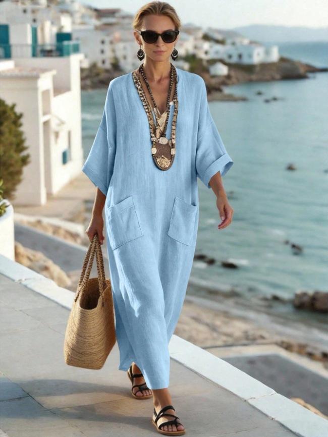 Summer Fashion Casual Hot Sale Solid Color Pocket V-neck Loose Imitation Linen Cotton Dress Women's Clothing