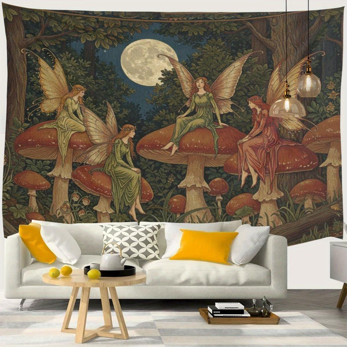 Retro Forest Elf Mushroom Tapestry Medieval Moonlight Fairy Printed Hanging Cloth Room Decoration 100X70CM