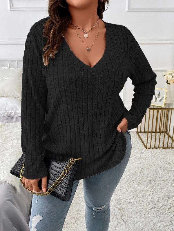 Women's V Neck Long Sleeve Knit Top Loose Fit Casual Solid Color Ribbed Plus Size Sweater Tunic