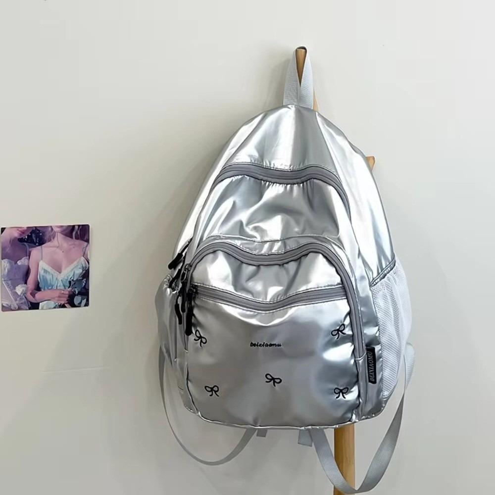 

Silver Commuting Shoulder Backpack Large Capacity Waterproof Travel Schoolbag Nylon Lightweight Backpacks Women College Students