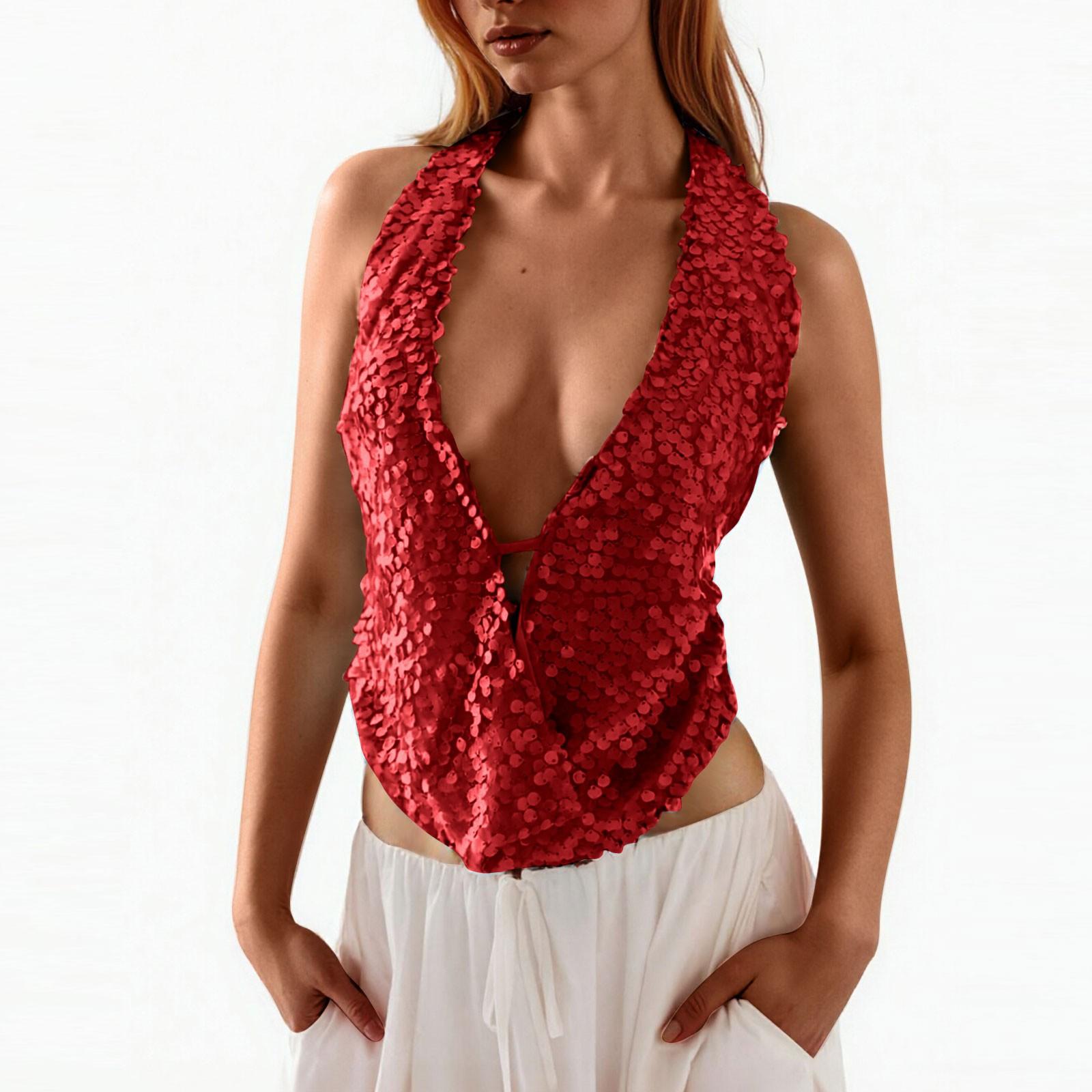 

Women s Fashion Casual Summer Sexy Slim Fit Backless Neck Bellyband Top XL винний