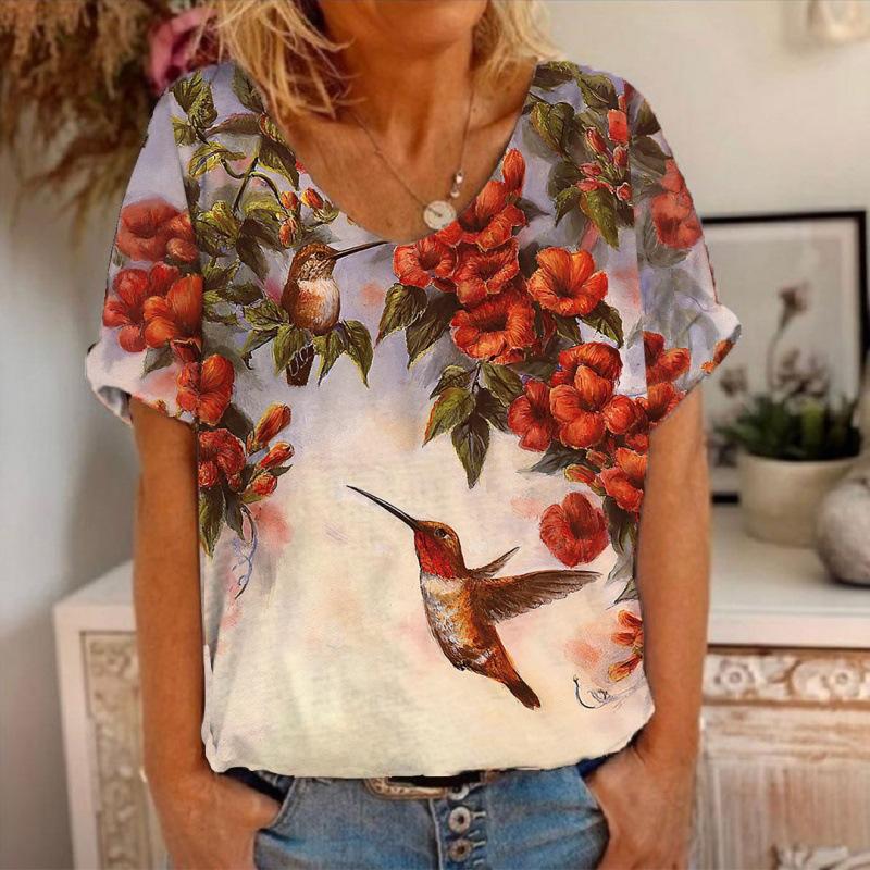 V-neck T Shirts Street 3D Printed Tees Short Sleeved Floral Bird Loose T-shirt for Women