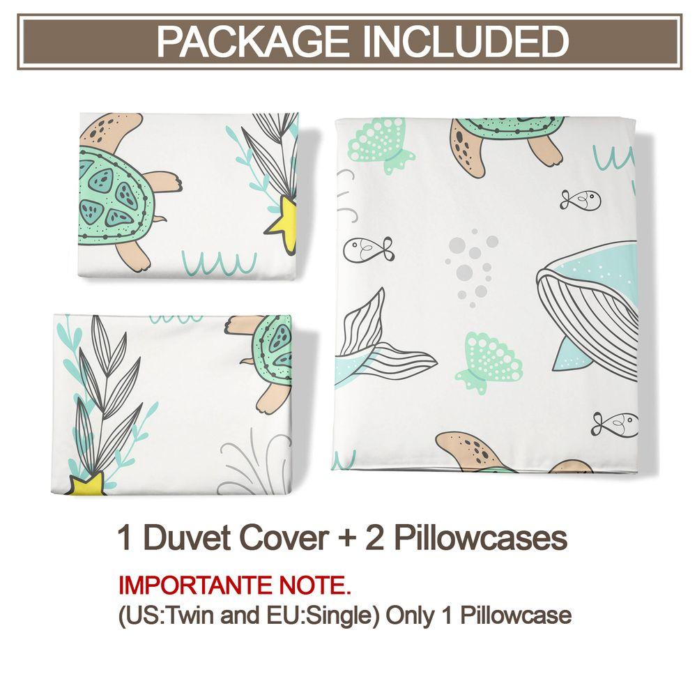 Cute Whale and Turtle Print Duvet Cover Set (1 Duvet Cover & 1/2 Pillowcase) Soft Kids Bedding Set Ocean Room Decor