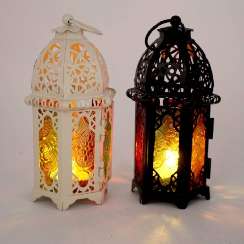 Vintage Hollow Moroccan Iron Lantern Tea Light Hanging Candle Holder Candlestick