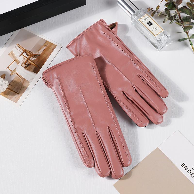 Warme Damen-Handschuhe aus PU-Leder mit Stickerei - Herbst/Winter Koreanischer Stil, Figurbetont, Samtfutter, Extra Dick für Radfahren und Autofahren