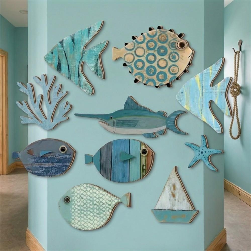10Pcs Retro Ocean Animal Decoration Wall Art Fish Wall Decor Wooden Decorations  Summer Outdoor