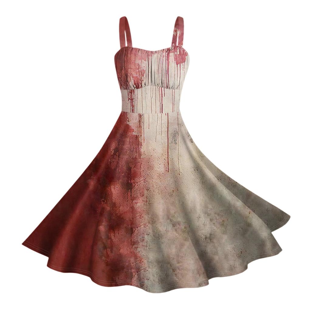 Dámské vintage bez rukávů plisované patchworkové roztomilé A-line lemované halloweenské potištěné šaty