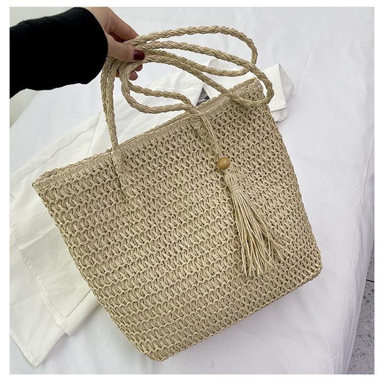 Summer Straw Woven Bag Zipper Shoulder Beach Bag Simple Mori Woven Tote Bag Large Capacity Women'S Bag