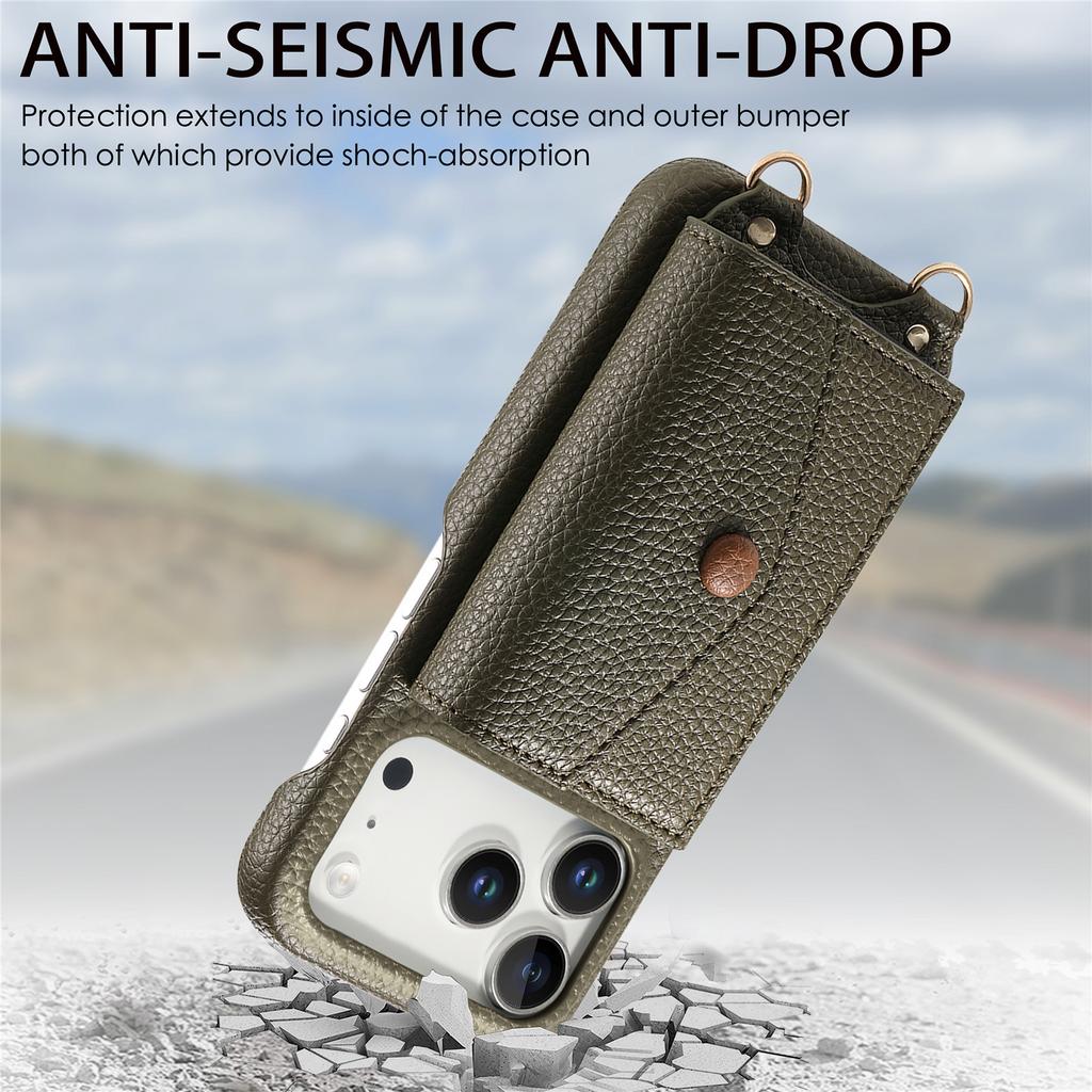 For iPhone 17 Pro Case Card Holder Kickstand PU Leather + PC Phone Cover with Mirror and Crossbody Lanyard