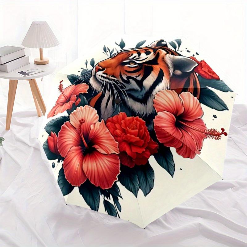 1pc Tiger Floral Print Automatic Open/close, All-Season Portable Folding Umbrella for Friends, Travel, Everyday yy250812213