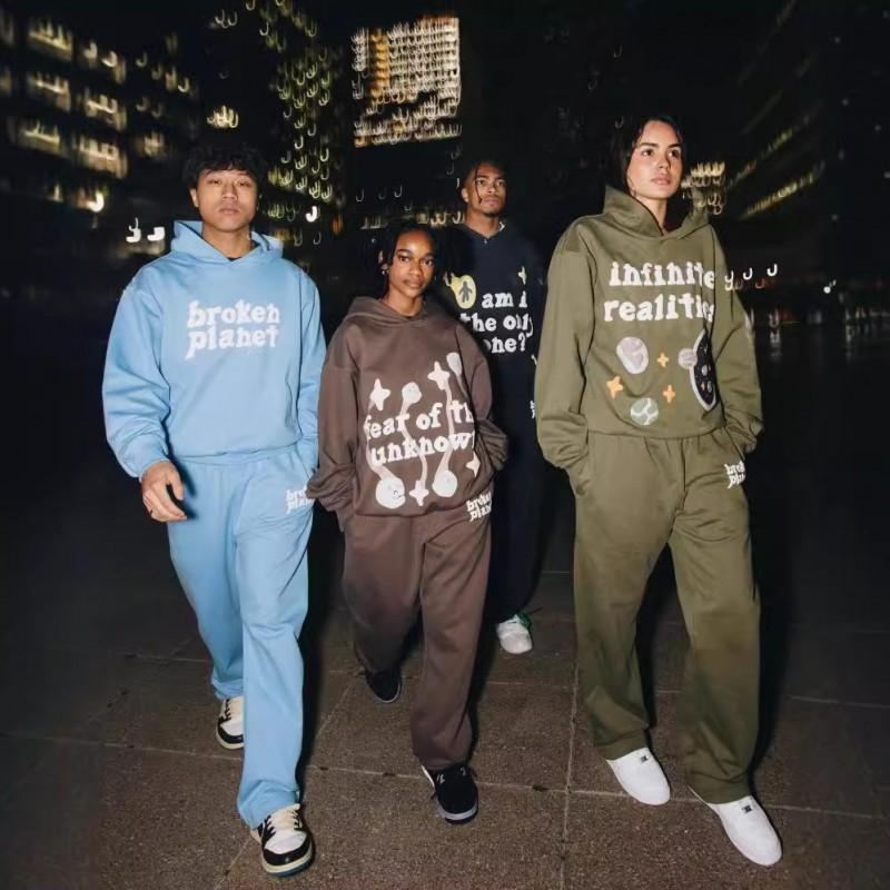 Broken Planet Streetwear Hoodie Set With 3D Puff Print Loose Fit Cotton Sweatshirt Men