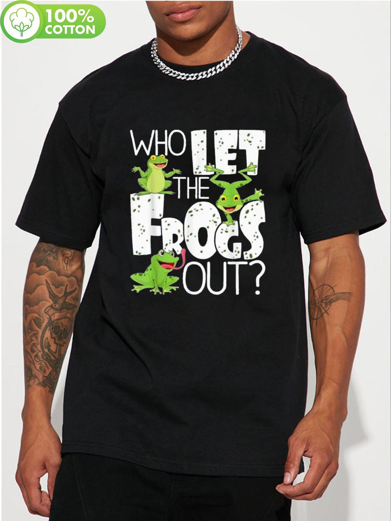 [Lightweight Design] LocalWho  Who Let The Frogs Out?  Graphic Tee - 100% Cotton Crew Neck T-shirt with Playful Frog Design L