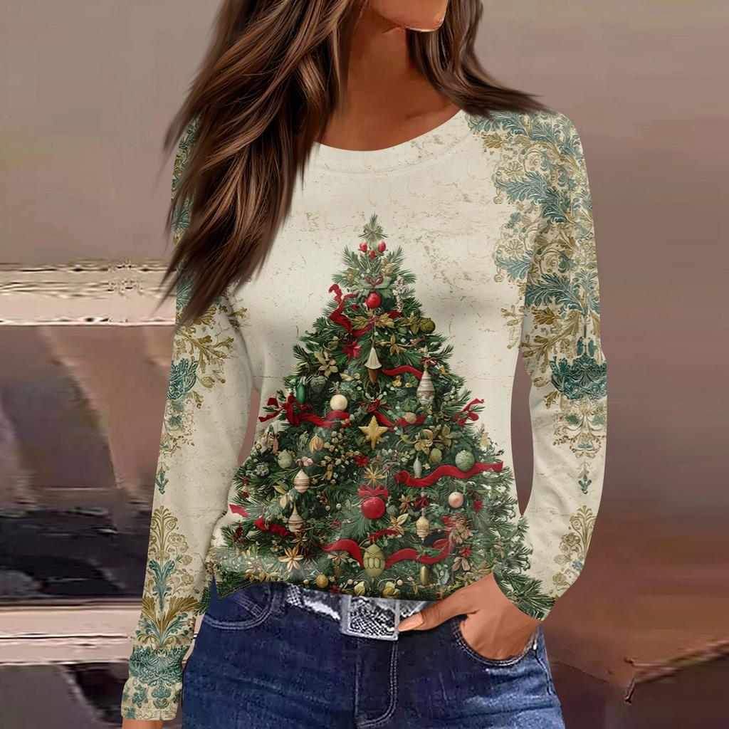 Christmas Style Women's 3D Christmas Tree Print Pullover Round Neck Long-sleeved T-shirt Festive Color Casual Top