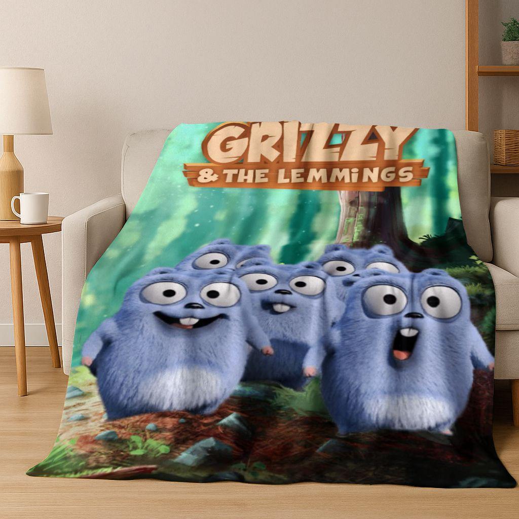 Funny Grizzy and The Lemmings Cartooon Flannel Blanket,Cozy Soft Throw Blanket for Home Bedroom Bed Sofa Picnic Cover Kid Gift