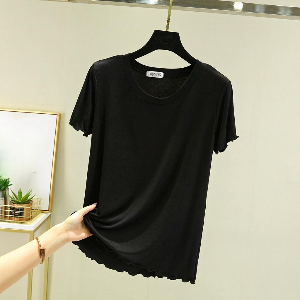 Ice Silk Round Neck Short-sleeved T-shirt, Thin Flying Edge, Sweet and Simple Bottoming Shirt, Slim Slimming Women's Top