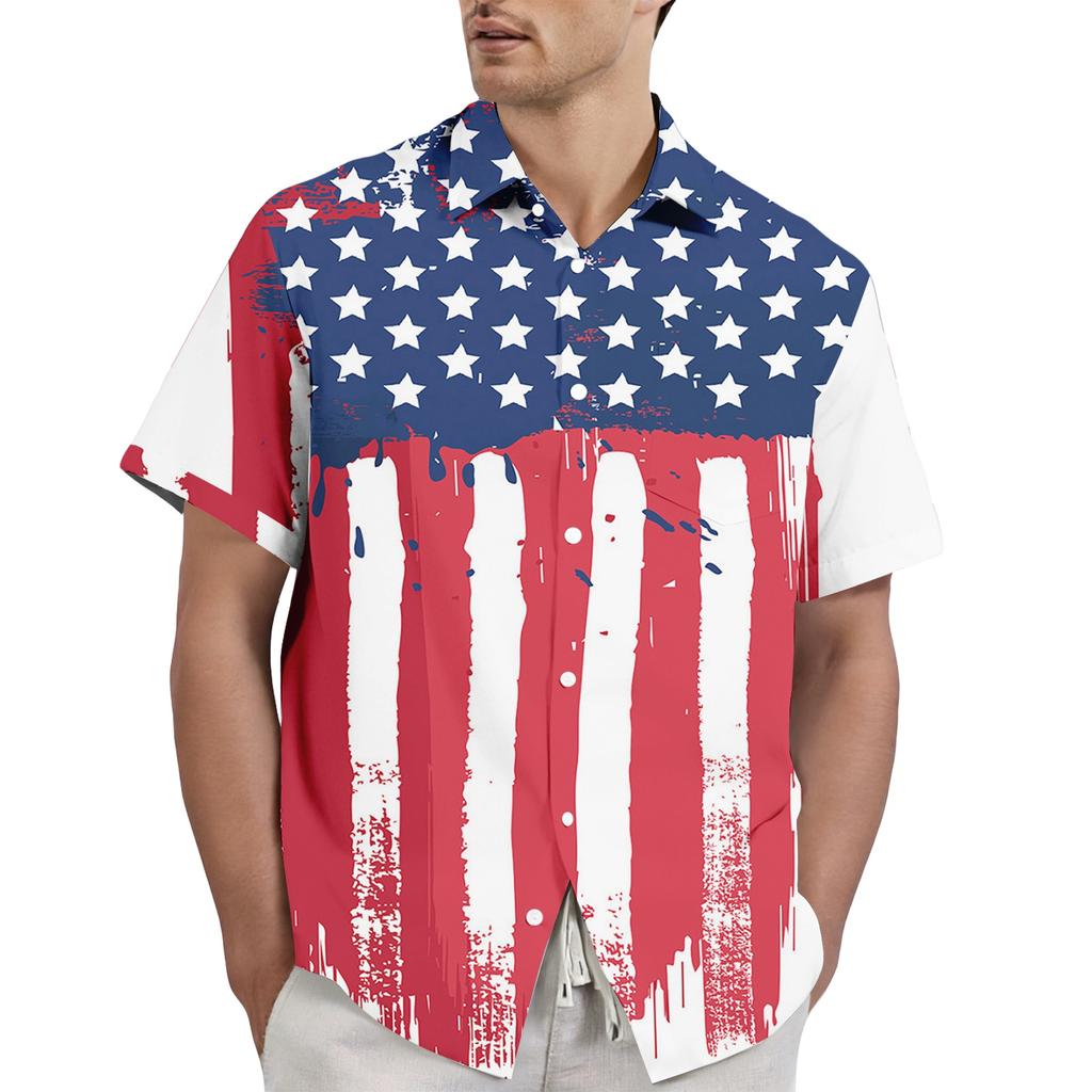 Men's Casual Stylish Flag Letter Print Shirt - Men's Lapel Short-sleeved Button-up Shirt
