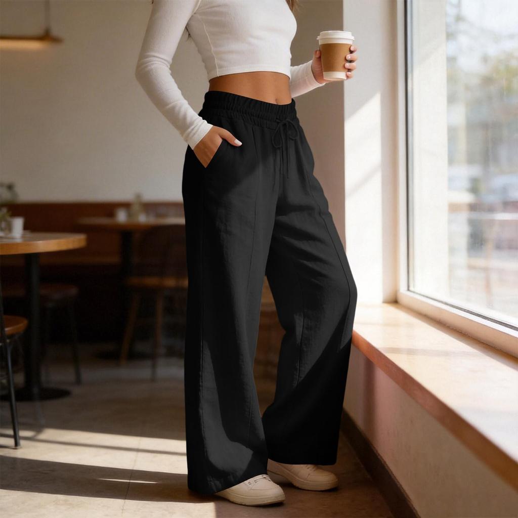 Women's Casual -Color High-Waisted Wide-Leg Drawstring Pants With Pockets