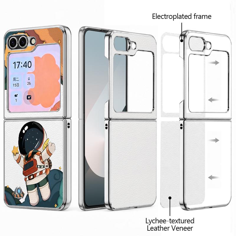 Astronaut Cartoon Pattern Case For Samsung Galaxy Z FlIP 7 FE 6 5 Z Flip7 Flip6 Flip5 Luxury Plating PC+PU Leather Hybrid Folding Phone Cover