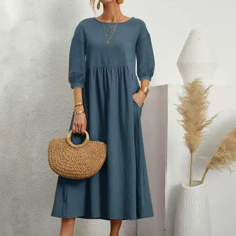 QICED Women's Solid Color Fashion Lantern Sleeve Loose Cotton Linen Pocket Dress