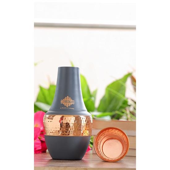 Pure Copper Bedroom Water Bottle with Inbuilt Glass, Surahi Design Grey Half Silk Half Hammered Finish Storage Drinkware, Volume 1250 Ml