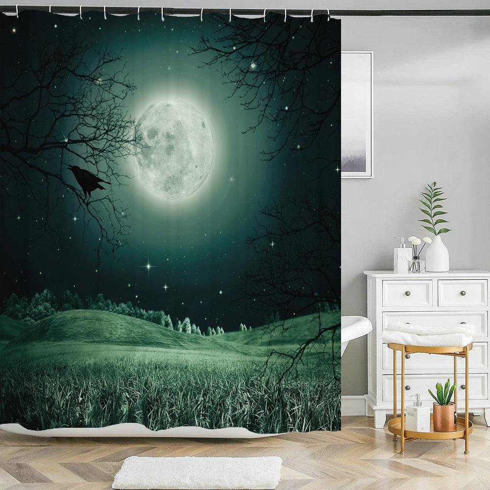 Full Moon Shower Curtain Ocean Landscape Starry Sky Waterproof Fabric Shower Curtains Bathroom Accessories Curtain With Hooks